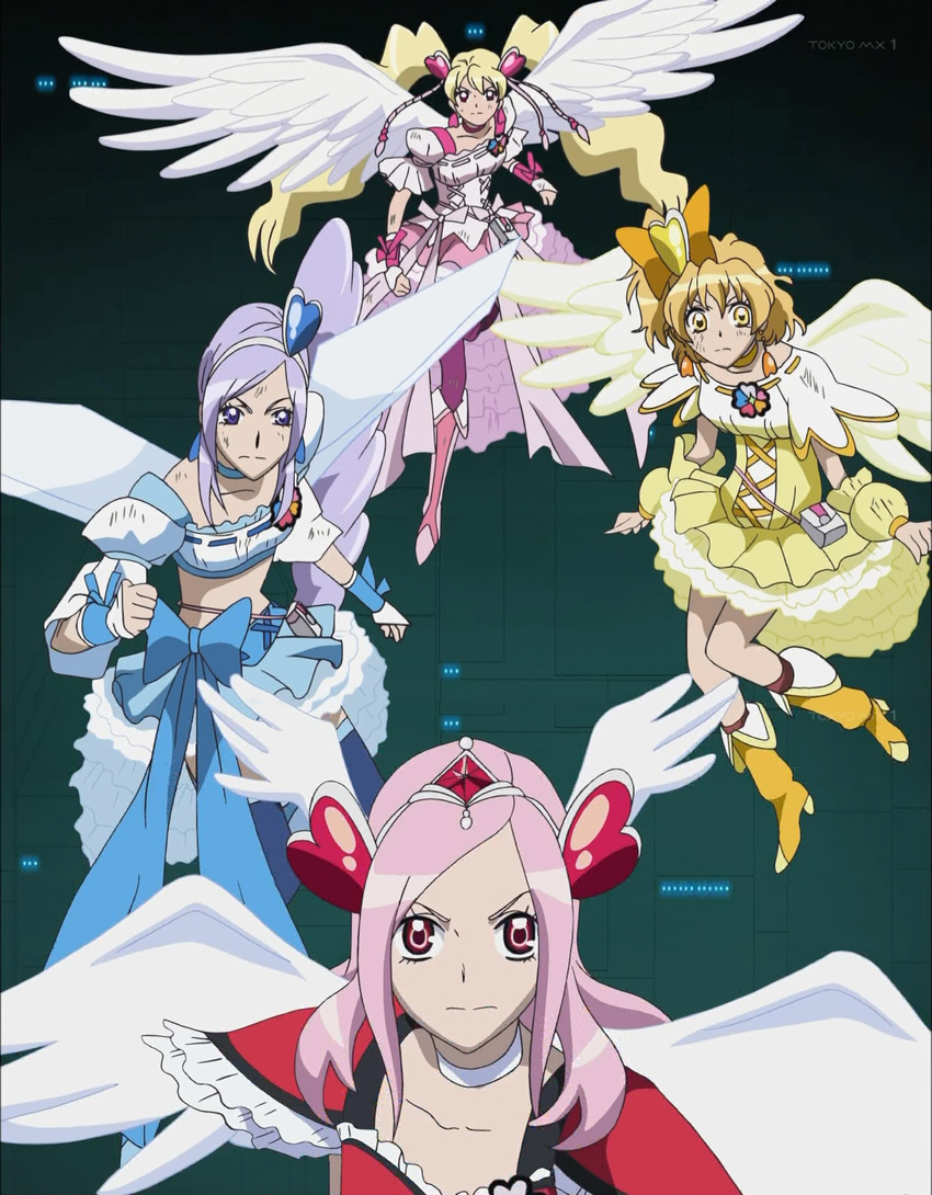 4girls absurdres anime_screenshot aono_miki boots cure_berry cure_berry_(angel) cure_passion cure_passion_(angel) cure_peach cure_peach_(angel) cure_pine cure_pine_(angel) fresh_precure! higashi_setsuna highres momozono_love multiple_girls paint.net_(medium) precure thigh_boots thighhighs wings yamabuki_inori