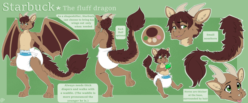 anthro babysteps biped blep diaper dragon english_text fur hair horn looking_at_viewer model_sheet multiple_angles scalie starbuck text tongue tongue_out western_dragon wings
