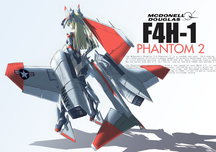 blonde_hair boots detached_sleeves emblem english f-4_phantom_ii full_body leotard logo long_hair mcdonell_douglas mecha_musume nenchi original roundel simple_background solo standing thigh_boots thighhighs white_background
