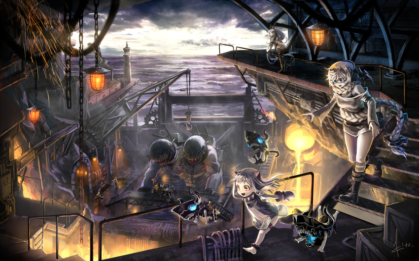armored_aircraft_carrier_oni barefoot battleship_hime blue_eyes braid chain commentary_request dock dress foundry glasses glowing glowing_eyes hair_ribbon hair_scarf horns kantai_collection kito_(kito2) ladder light lighthouse long_hair mittens multiple_girls northern_ocean_hime ocean off_shoulder open_mouth ponytail pt_imp_group ribbon rigging running shinkaisei-kan shirt shorts single_braid sleeveless sleeveless_dress smile supply_depot_hime thigh_strap thighhighs tied_shirt white_hair