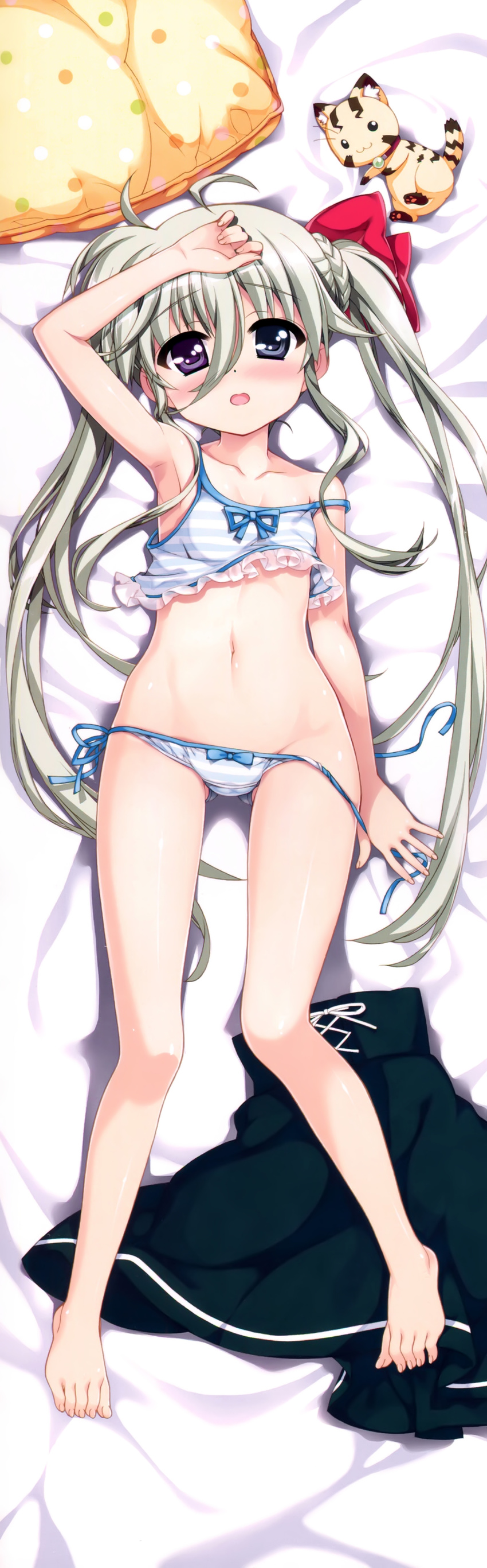 absurdres animal arm_up ass_visible_through_thighs bed_sheet blue_eyes blush bow bow_panties cat dakimakura einhart_stratos fujima_takuya full_body green_hair hair_ribbon heterochromia highres long_hair looking_at_viewer lying lyrical_nanoha mahou_shoujo_lyrical_nanoha_vivid navel official_art on_back open_mouth panties panty_pull pulled_by_self purple_eyes ribbon scan shiny shiny_hair shiny_skin side-tie_panties skirt skirt_removed solo strap_slip striped striped_panties twintails underwear untied untied_panties