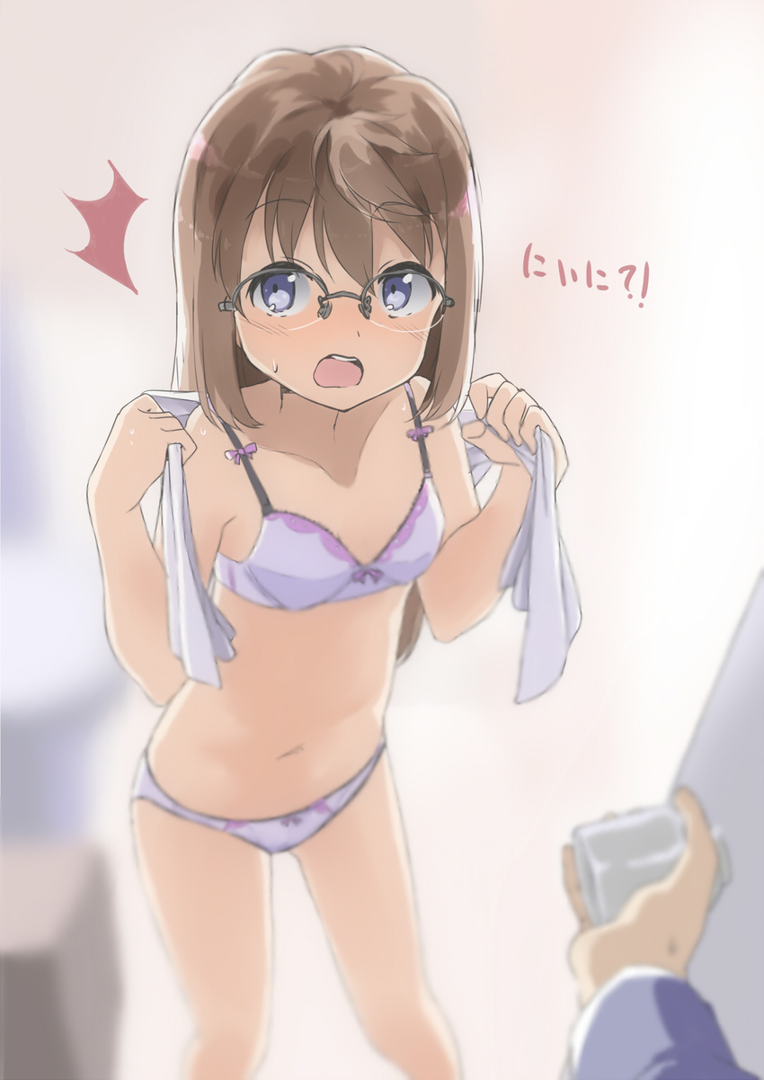 amemiya_sekira black-framed_eyewear blurry blurry_background bow bow_bra bow_panties bra breasts brown_hair collarbone commentary_request depth_of_field eyebrows eyebrows_visible_through_hair glasses hair_between_eyes highres long_hair looking_at_viewer navel open_mouth original panties purple_bow purple_bra purple_panties sekira_ame semi-rimless_eyewear small_breasts solo_focus sweat towel translation_request underwear underwear_only white_towel