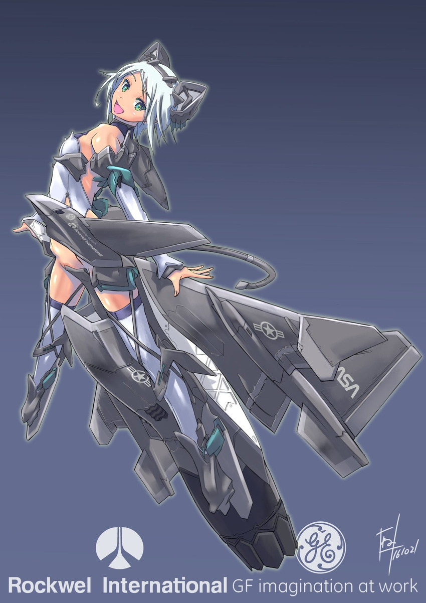 artist_name blonde_hair blue_background boots commentary_request detached_sleeves emblem flying full_body general_electric gradient gradient_background green_eyes headgear highres himat leotard logo looking_at_viewer mecha_musume nenchi open_mouth original rockwell_international roundel signature smile solo thigh_boots thighhighs