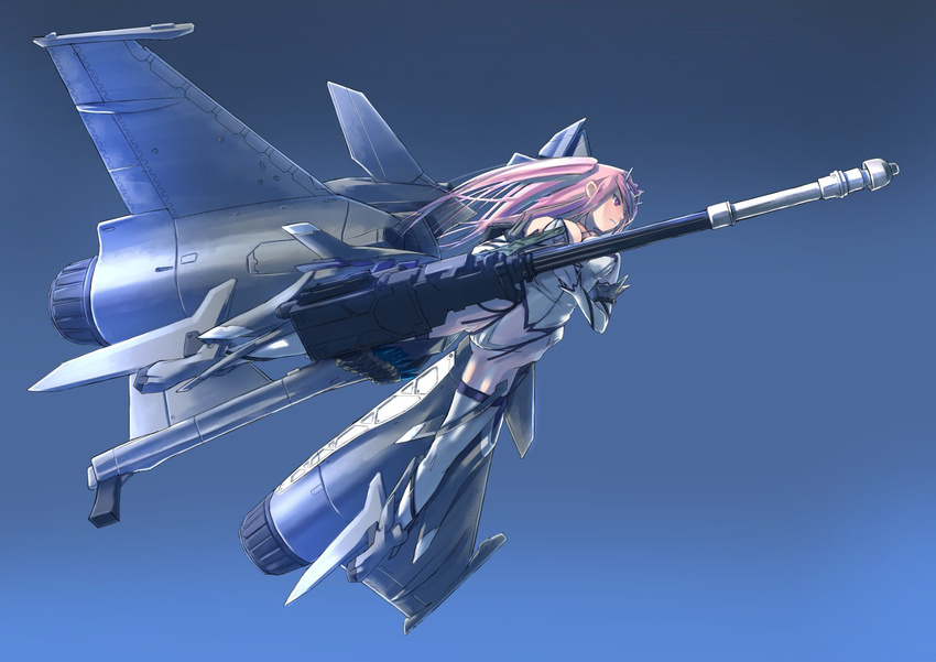 blue_background boots commentary_request detached_sleeves flying full_body gradient gradient_background headgear highres leotard long_hair mecha_musume nenchi original pink_eyes pink_hair rafale solo thigh_boots thighhighs