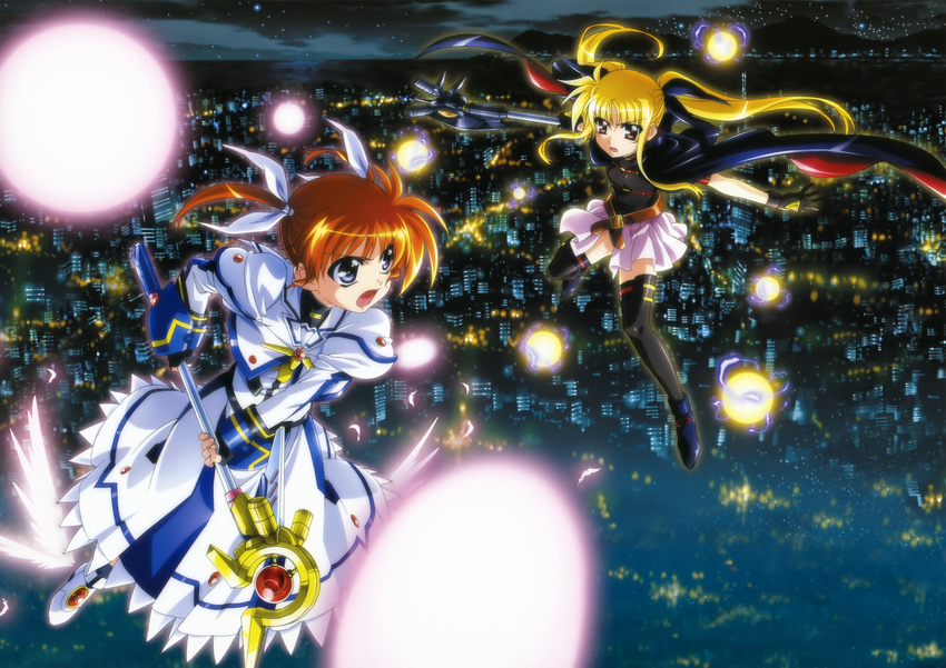 absurdres bardiche blonde_hair brown_hair cape city cloud energy_ball fate_testarossa fingerless_gloves gloves highres long_hair lyrical_nanoha mahou_shoujo_lyrical_nanoha mahou_shoujo_lyrical_nanoha_the_movie_1st multiple_girls night non-web_source okuda_yasuhiro pink_eyes purple_eyes raising_heart short_hair sky takamachi_nanoha thighhighs twintails very_long_hair