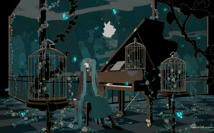 aqua_eyes aqua_hair boots bug butterfly cage eris_(straying_platoon) flower grand_piano hakama hatsune_miku highres insect instrument japanese_clothes kimono long_hair meiji_schoolgirl_uniform mikumix moon music open_mouth piano piano_bench rose scenery singing sitting solo twintails very_long_hair vocaloid wallpaper