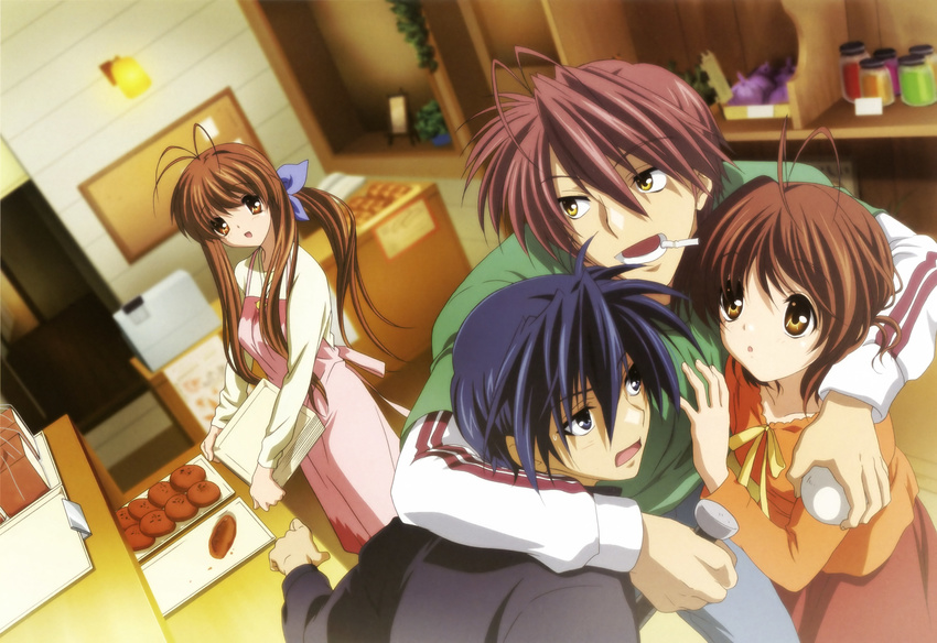 2girls absurdres antenna_hair apron baseball baseball_bat blue_eyes blue_hair bow bread brown_eyes brown_hair casual cigarette clannad detexted food furukawa_akio furukawa_nagisa furukawa_sanae highres ikeda_kazumi long_hair multiple_boys multiple_girls non-web_source official_art okazaki_tomoya open_mouth red_hair short_hair third-party_edit tray very_long_hair