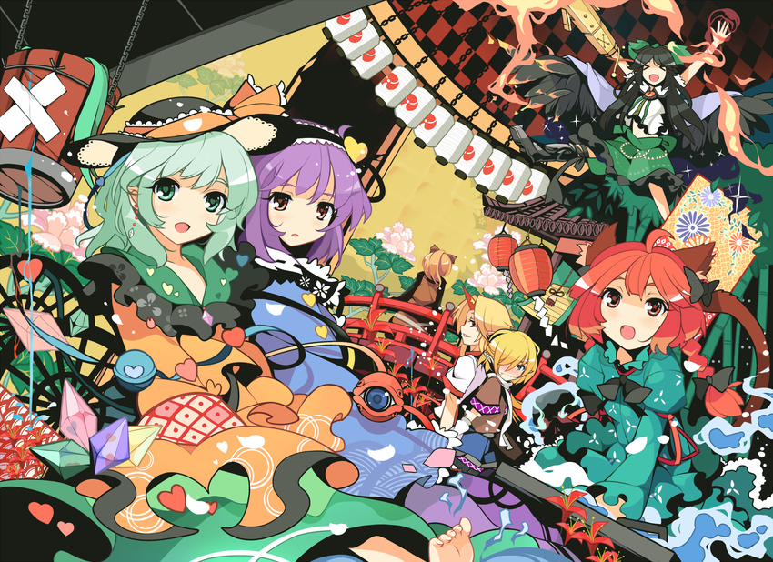 &gt;_&lt; :d \o/ aqua_hair arms_up back-to-back bandaid barefoot blonde_hair blush bucket burning closed_eyes dress earrings everyone fang fire floral_print flower green_eyes green_hair hat heart heart-shaped_pupils highres horn hoshiguma_yuugi ideolo jewelry kaenbyou_rin kisume komeiji_koishi komeiji_satori kurodani_yamame lantern leaking mizuhashi_parsee multiple_girls open_mouth orange_hair outstretched_arms purple_hair red_eyes red_hair reiuji_utsuho smile subterranean_animism symbol-shaped_pupils touhou water wings xd