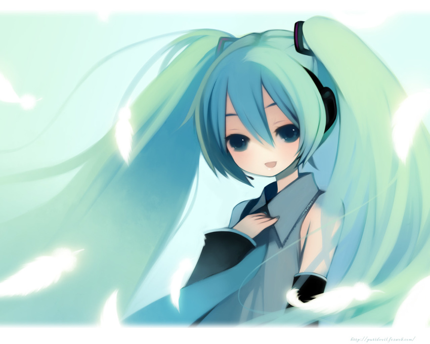 :d aqua_neckwear bangs bare_shoulders blue_neckwear border collared_shirt detached_sleeves floating_hair glowing_feather green_background green_eyes green_hair grey_shirt hair_between_eyes hair_ornament hair_strand hatsune_miku headphones letterboxed long_hair looking_at_viewer necktie open_mouth puti_devil shirt smile solo twintails vocaloid wallpaper watermark web_address white_border wind