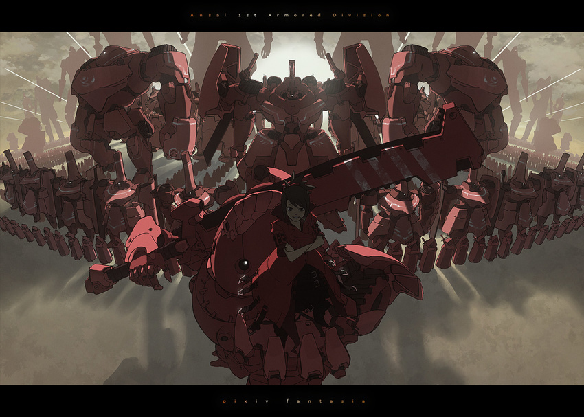 anime_coloring army belt crossed_arms hood letterboxed mecha pixiv_fantasia pixiv_fantasia_1 smoking sword tsukuba_masahiro viola_(pixiv_fantasia) war weapon