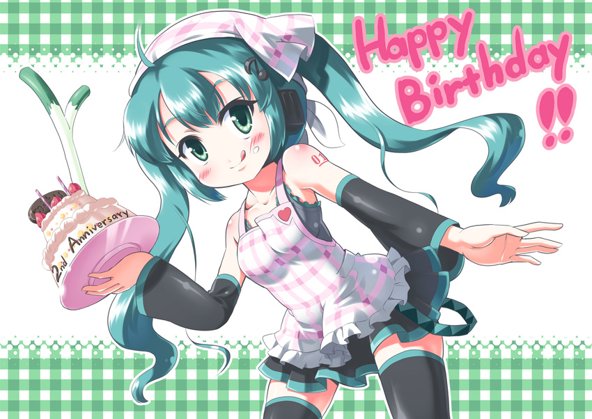 :q ahoge apron aqua_hair bad_id bad_pixiv_id birthday blush cake candle detached_sleeves food fruit green_eyes hatsune_miku long_hair morujii pastry skirt solo spring_onion strawberry thighhighs tongue tongue_out twintails vocaloid