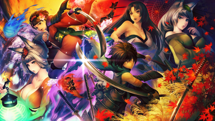 4girls animal_ears armor bad_id bad_pixiv_id bare_shoulders black_hair breasts brown_eyes cleavage collarbone comb dual_persona flower fox_ears gauntlets hadanugi_dousa hair_flower hair_ornament highres hitodama holding holding_sword holding_weapon japanese_clothes katana kimono kisuke kongiku lantern large_breasts leaf leaf_on_head left-handed looking_back maple_leaf momohime momohime_(hitodama) multiple_girls oboro_muramasa off_shoulder oriental_umbrella ponytail reverse_grip simosi sword thighhighs torahime umbrella unsheathed weapon yuzuruha