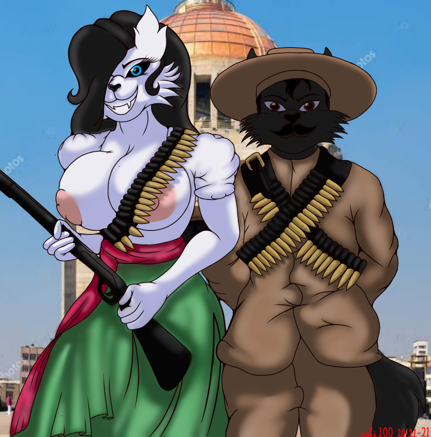 absurd_res anthro big_breasts breasts canid canine canis clothed clothing dalilallana100 duo female hair hat headgear headwear hi_res male male/female mammal nude smile sophie_henderson weapon wolf