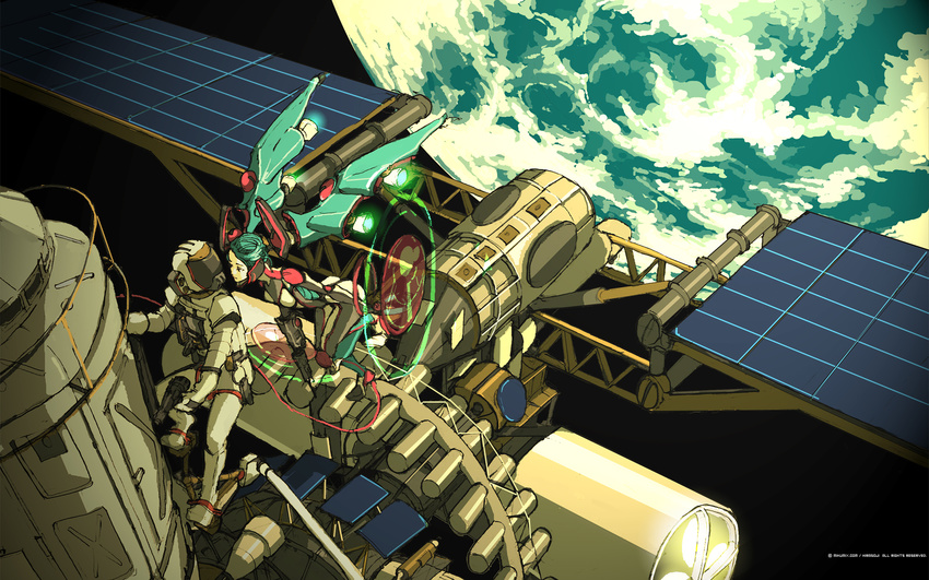 aqua_hair bodysuit earth hatsune_miku highres hirasawa_geko mikumix satellite space spacesuit twintails vocaloid wallpaper