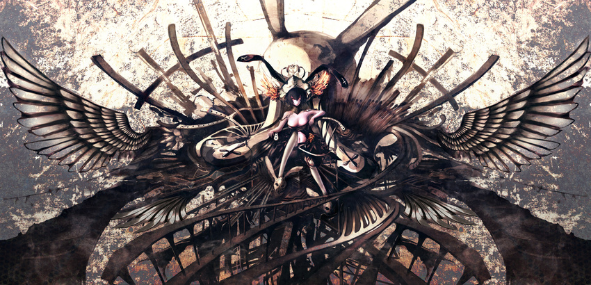 absurdres animal_ears black_hair bunny_ears hat highres iori_yakatabako original sitting skull solo tricorne wings yellow_eyes