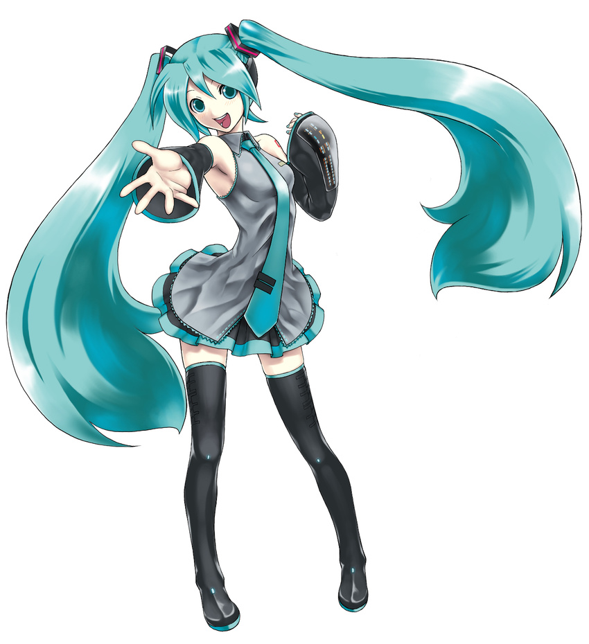 aqua_hair aqua_neckwear detached_sleeves gochou_(kedama) hatsune_miku highres long_hair necktie simple_background solo thighhighs twintails very_long_hair vocaloid