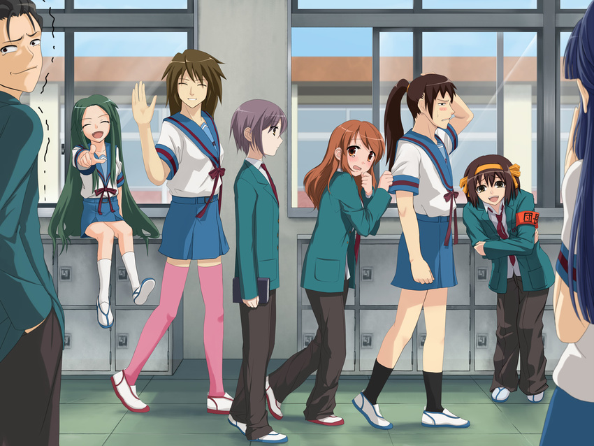 5girls asahina_mikuru asakura_ryouko blush cosplay crossdressing fang humiliation kita_high_school_uniform koizumi_itsuki kyon kyonko kyonko_(cosplay) laughing long_hair multiple_boys multiple_girls nagato_yuki parody pointing school_uniform shikaku shoes suzumiya_haruhi suzumiya_haruhi_no_yuuutsu taniguchi tears thighhighs tsuruya uwabaki very_long_hair