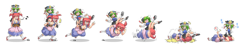 &gt;_&lt; 2girls :d ^_^ absurdres blue_eyes breasts carrying cleavage closed_eyes comic eighth_note expressive_clothes fallen_down falling female_pervert green_hair hair_bobbles hair_ornament highres kurogarasu large_breasts left-to-right_manga long_image lucky_pervert medium_breasts multiple_girls musical_note o_o onozuka_komachi open_mouth pervert red_eyes red_hair rock sequential shiki_eiki shoulder_carry silent_comic sitting sitting_on_face sitting_on_person smile spinning spoken_musical_note tears thumbs_up touhou translated tripping two_side_up unlikely_accident wide_image yuri