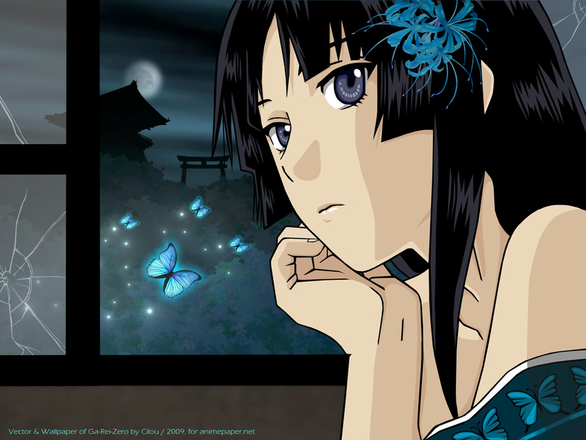 black_hair butterfly close ga-rei_zero isayama_yomi moon signed