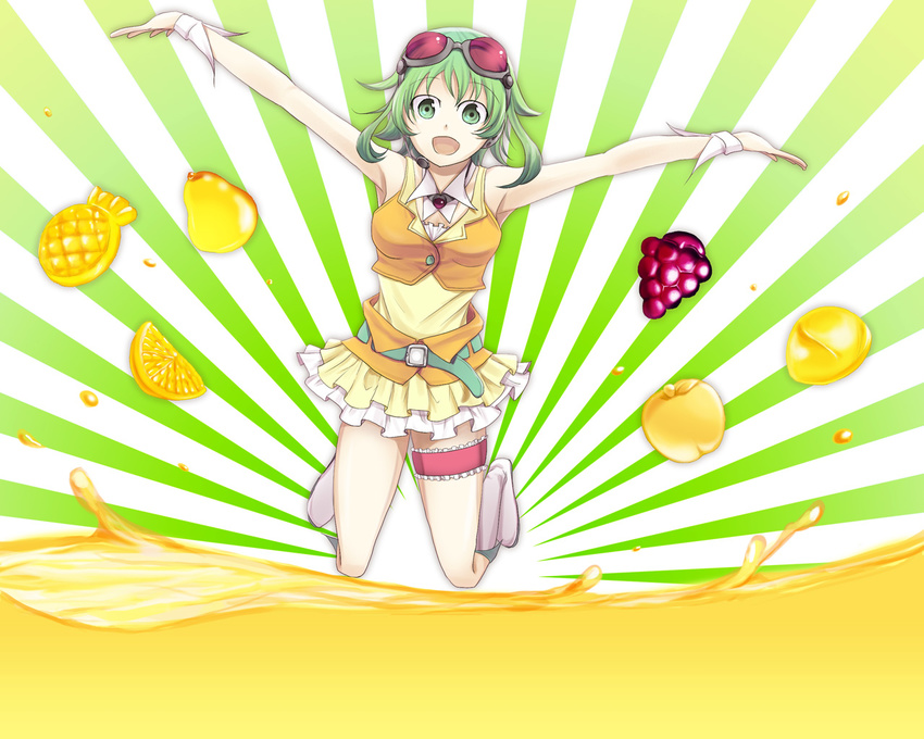 apple boots food fruit goggles goggles_on_head grapes green_eyes green_hair gumi juice jumping kazashino midriff orange pear see-through short_hair solo vocaloid wrist_cuffs