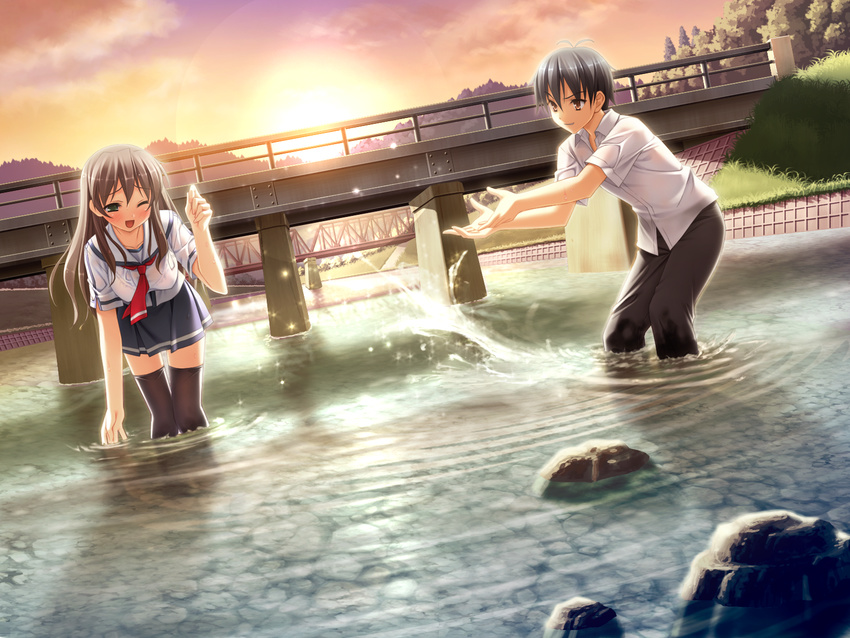 1girl black_hair black_legwear brown_eyes brown_hair game_cg green_eyes highres itou_hinako kantoku long_hair natsu_no_ame one_eye_closed open_mouth outdoors school_uniform skirt smile thighhighs water wet wet_clothes zettai_ryouiki