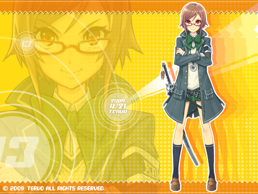 armband bow brown_eyes brown_hair coat crossed_arms glasses highres original school_uniform skirt smile solo sword tel-o wallpaper weapon zoom_layer