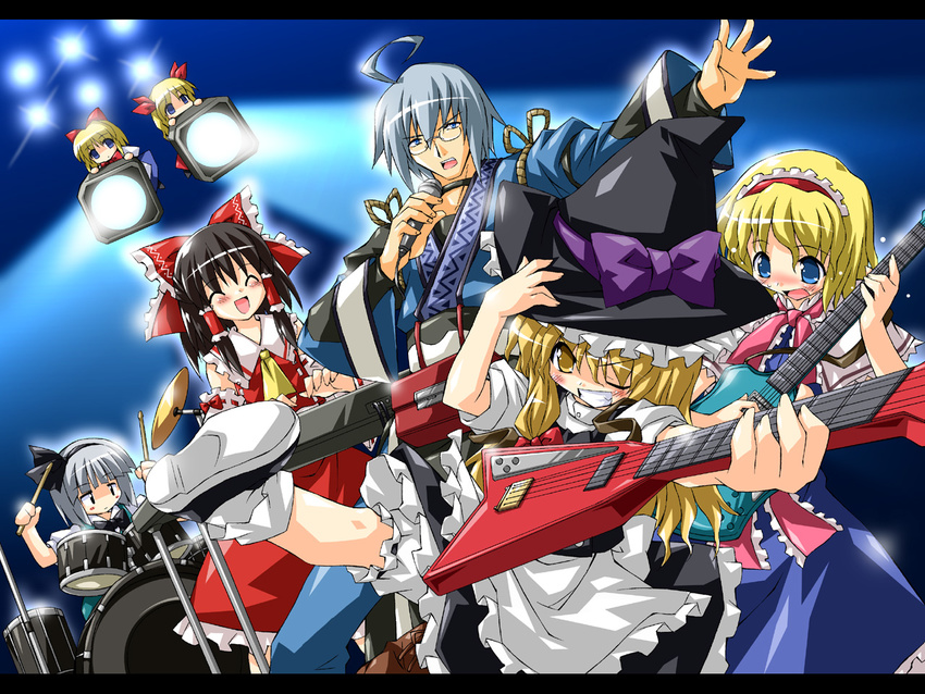 4girls alice_margatroid band bass_guitar blonde_hair drum drum_set electric_guitar guitar hakurei_reimu hat hourai_doll instrument keyboard_(instrument) kirisame_marisa konpaku_youmu long_sleeves microphone morichika_rinnosuke multiple_girls music petenshi_(dr._vermilion) shanghai_doll touhou wallpaper witch_hat