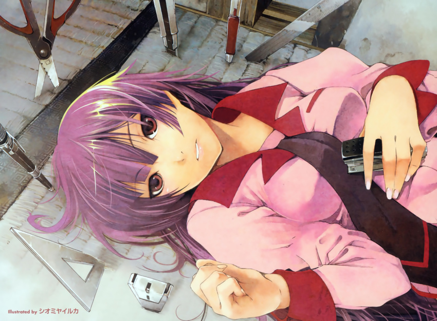 absurdres bakemonogatari boxcutter hands highres long_hair lying mechanical_pencil monogatari_(series) necktie pencil purple_eyes purple_hair red_eyes ruler school_uniform scissors senjougahara_hitagi shiomiya_iruka solo source_request stapler stationery