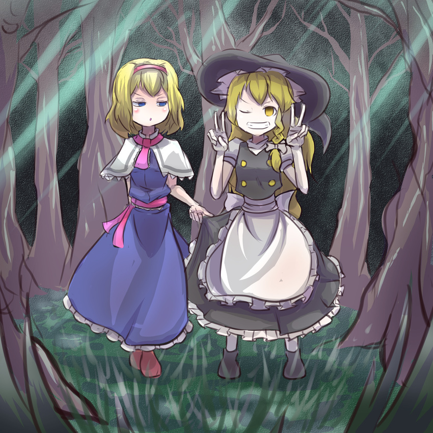 commentary_request forest forest_of_magic grass grin highres implied_pantyshot kirisame_marisa light_rays looking_at_viewer looking_to_the_side nature naughty_face one_eye_closed peroponesosu. skirt skirt_lift smile standing sunbeam sunlight touhou tree v