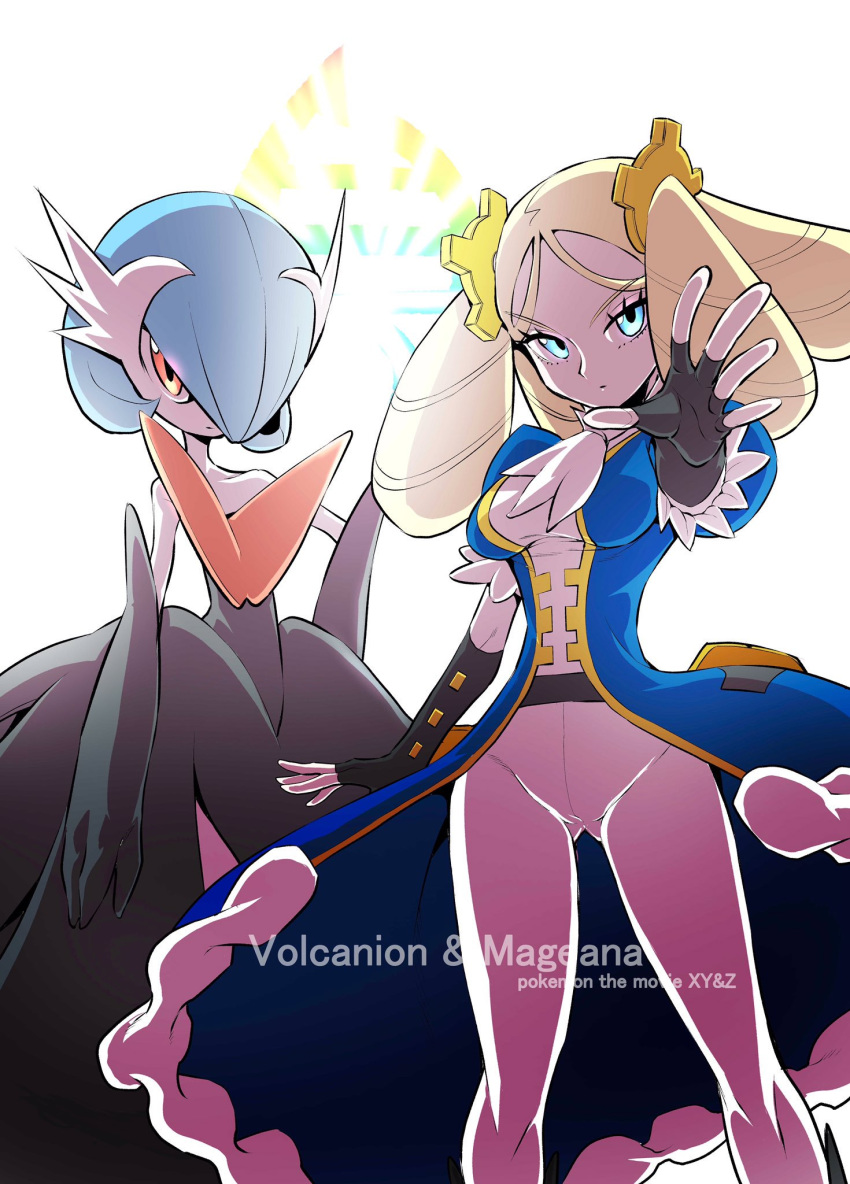1girl black_gloves blonde_hair blue_eyes blue_hair blush boots breasts cravat creatures_(company) drill_hair elbow_gloves english expressionless fingerless_gloves fur_trim game_freak gardevoir gears gen_3_pokemon gloves gluteal_fold hair_ornament highres hirakata_masahiro kimia_(pokemon) leggings long_hair long_sleeves looking_at_viewer lowres medium_breasts mega_gardevoir mega_pokemon nintendo outstretched_arm pantyhose pokemon pokemon_(anime) pokemon_m19 puffy_short_sleeves puffy_sleeves quad_drills quad_tails red_eyes serious short_sleeves simple_background solo standing text_focus tied_hair white_background white_legwear
