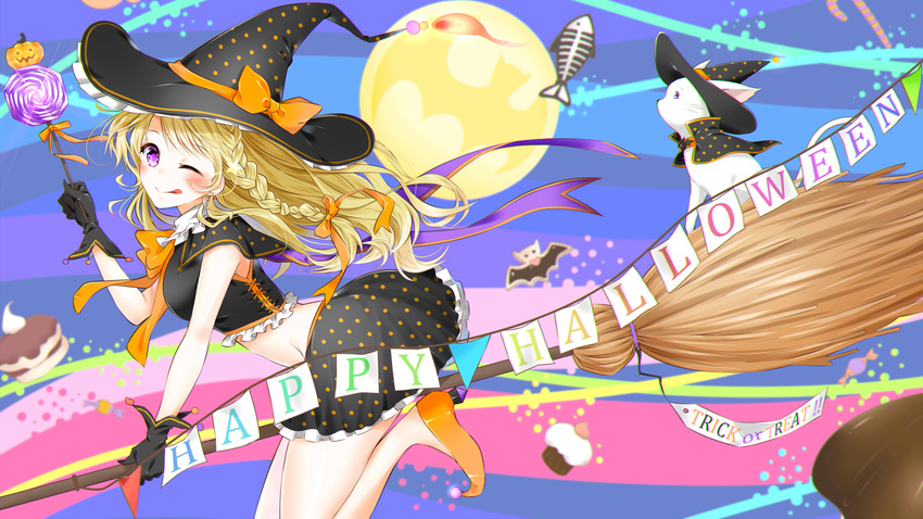 absurdres animal black_gloves black_skirt blonde_hair blush bow braid broom broom_riding candy capelet cat food full_moon gloves hair_ribbon halloween hat hat_ribbon highres holding jack-o'-lantern kirisame_marisa lollipop long_hair midriff miniskirt moon nemuko_ofuton one_eye_closed orange_ribbon pointy_shoes polka_dot pumps purple_eyes ribbon shoes single_braid skirt smile tongue tongue_out touhou vest white_cat witch witch_hat yellow_bow