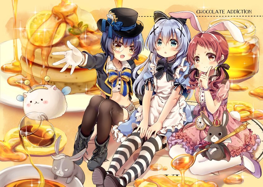 :d alice_(wonderland) alice_(wonderland)_(cosplay) alice_in_wonderland animal_ears anko_(gochiusa) black_bow black_hat black_legwear black_ribbon blue_eyes blue_hair blue_ribbon bow bowtie bracelet brown_eyes brown_hair bunny_ears chestnut_mouth chimame-tai clock collarbone cosplay crop_top crown dress english eyebrows eyebrows_visible_through_hair fake_animal_ears fake_antennae finger_to_cheek girl_sandwich glasses gloves gochuumon_wa_usagi_desu_ka? hair_bow hair_over_shoulder hair_ribbon hairband hands_on_legs hands_on_own_knees hat hat_ribbon headphones index_finger_raised jewelry jouga_maya kafuu_chino long_hair low_twintails mad_hatter mad_hatter_(cosplay) mini_crown mitsuki_ponzu monocle multiple_girls natsu_megumi open_mouth outstretched_arm outstretched_hand oversized_object pantyhose pink_dress pocket_watch ribbon sandwiched short_hair sidelocks sitting smile striped striped_bow striped_legwear thighhighs tippy_(gochiusa) twintails watch white_gloves white_legwear white_rabbit white_rabbit_(cosplay) wild_geese