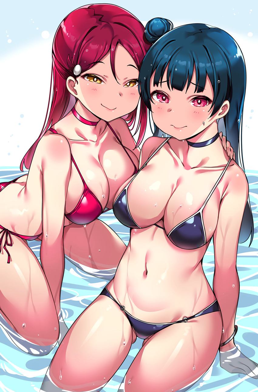 10s 2girls ass bangs bare_shoulders bikini blue_hair blush bracelet breasts butt_crack choker cleavage closed_mouth collarbone downpants eyebrows_visible_through_hair gluteal_fold hair_ornament highres jewelry large_breasts lips long_hair looking_at_viewer love_live! love_live!_sunshine!! multiple_girls navel purple_bikini purple_choker purple_eyes red_bikini red_choker red_hair sakurauchi_riko side-tie_bikini side_bun sitting smile stomach swimsuit tem10 tsushima_yoshiko water wet yellow_eyes