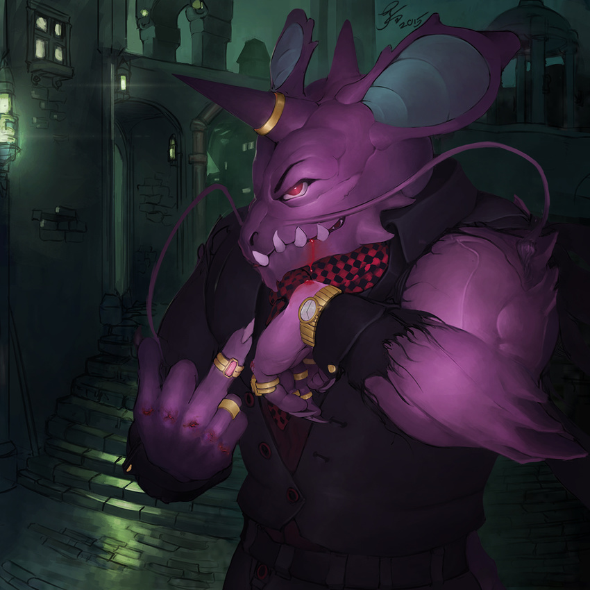 2015 5_fingers anthro anthrofied biceps big_ears blood bruised claws clothed clothing detailed_background digital_media_(artwork) eyebrows front_view gold_(metal) half-length_portrait horn horn_ring lantern male middle_finger muscular muscular_male nidoking nintendo pink_eyes pok&eacute;mon pok&eacute;morph portrait purple_horn purple_skin ring signature solo stairs standing teeth torn_clothing town video_games watch whiskers zomacaius