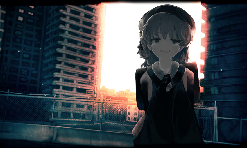 arms_behind_back backlighting backpack bag barbed_wire beret building chain-link_fence dark fence grey_hair hat hatoba_tsugu hatoba_tsugu_(character) highres letterboxed light_brown_eyes light_particles looking_at_viewer mole mole_under_eye open_mouth randoseru road sitting skirt street sunset suspender_skirt suspenders virtual_youtuber yoshioka_yoshiko