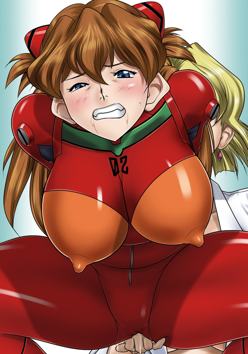 2girls akagi_ritsuko arms_behind_back blonde_hair blue_eyes blush breasts brown_hair clenched_teeth earrings erect_nipples fingering highres hikawadou labcoat large_breasts legs long_hair looking_at_viewer multiple_girls neon_genesis_evangelion plugsuit pussy_juice simple_background solo_focus soryu_asuka_langley sweat thighs wet yuri