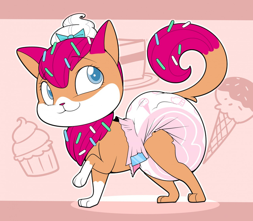 blue_eyes bow brown_fur cake cat cupcake dessert diaper feline female feral food fur hair ice_cream kurikia littlest_pet_shop mammal pink_fur pink_hair solo sprinkles standing sugar_sprinkles white_hair