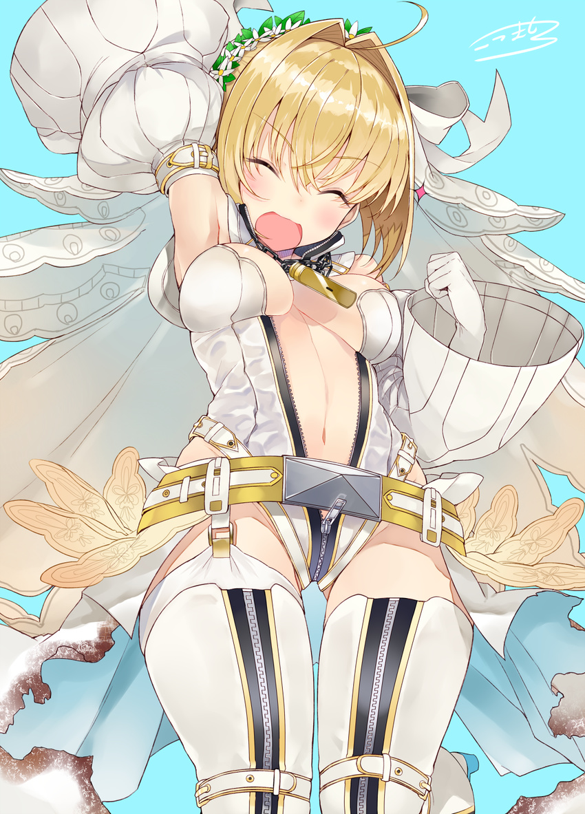 :d ^_^ ahoge arm_strap arm_up armpits ass_visible_through_thighs bangs bare_shoulders belt blonde_hair blue_background blush bow breasts breasts_apart bridal_veil buckle center_opening chain cleavage clenched_hand closed_eyes cowboy_shot detached_collar detached_sleeves eyebrows eyebrows_visible_through_hair fate/extra fate/extra_ccc fate/grand_order fate_(series) flower from_below full-length_zipper garter_straps gloves groin hair_between_eyes hair_bow hair_flower hair_intakes hair_ornament hand_up happy head_tilt head_wreath highres impossible_clothes kou_mashiro lace leg_lift leotard lock loose_belt medium_breasts navel nero_claudius_(bride)_(fate) nero_claudius_(fate)_(all) open_clothes open_mouth padlock plunging_neckline puffy_detached_sleeves puffy_sleeves short_hair showgirl_skirt signature simple_background skirt smile solo sparkle standing strapless strapless_leotard thigh_strap thighhighs torn_clothes torn_skirt unzipped veil white_bow white_gloves white_legwear white_leotard white_skirt white_sleeves wide_sleeves zipper