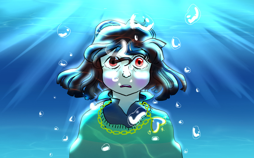 bubble chara_(undertale) commentary hair_between_eyes heart heart_necklace jewelry locket necklace open_mouth pendant red_eyes sixtyphases solo sparkle spoilers sweater undertale underwater wide-eyed