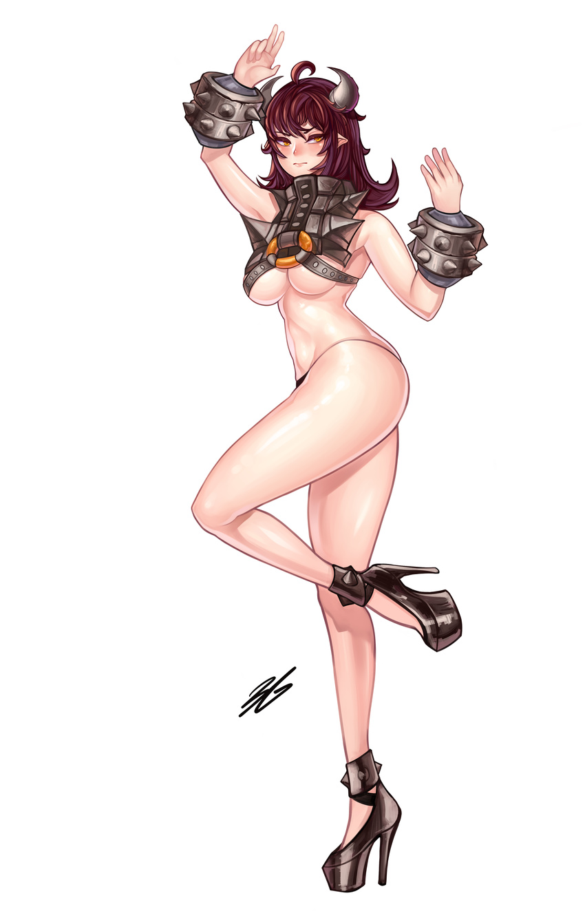 3gs ahoge bracelet breasts brown_hair elsword high_heels highres horns jewelry large_breasts long_hair personification pointy_ears simple_background solo spiked_bracelet spikes standing standing_on_one_leg underboob uno_hound_(elsword) white_background yellow_eyes