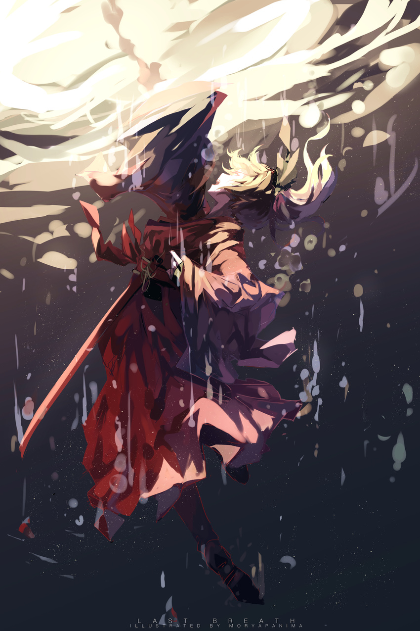absurdres artist_name asphyxiation blonde_hair boots drowning fate_(series) full_body hair_ribbon highres japanese_clothes kimono koha-ace long_skirt long_sleeves looking_up moryapanima obi okita_souji_(fate) okita_souji_(fate)_(all) open_mouth outstretched_arm pink_kimono ribbon sash scabbard sheath short_hair skirt solo submerged underwater wide_sleeves yellow_eyes