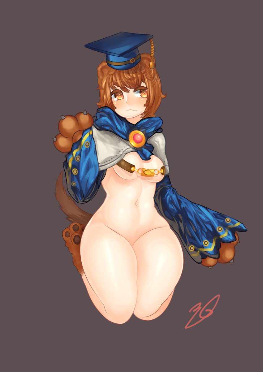 3gs :&lt; animal_ears bear_ears bear_tail beltbra black_background blue_hat blush bottomless breasts cape cleavage closed_mouth denka_(elsword) elsword eyelashes groin hat highres legs_together long_sleeves looking_to_the_side medium_breasts mortarboard navel paws personification ringed_eyes seiza short_hair simple_background sitting sleeves_past_wrists solo stomach tail underboob