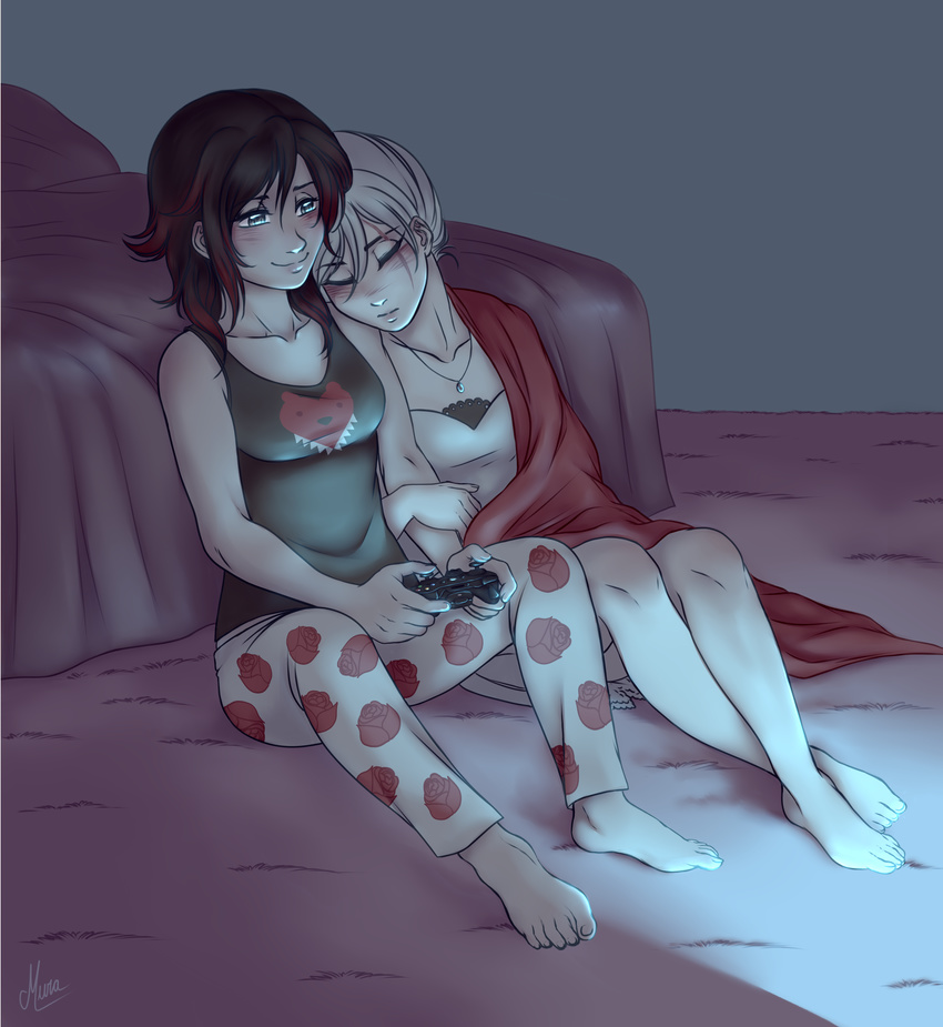 absurdres arm_hug barefoot bed bedroom black_hair blanket blonde_hair carpet closed_eyes collarbone controller couple cuddling floral_print game_console highres indoors jewelry multiple_girls murasaki-yuri necklace playing_games ruby_rose rwby signature sitting sleeping sleeping_on_person sleeping_upright toes weiss_schnee xbox yuri