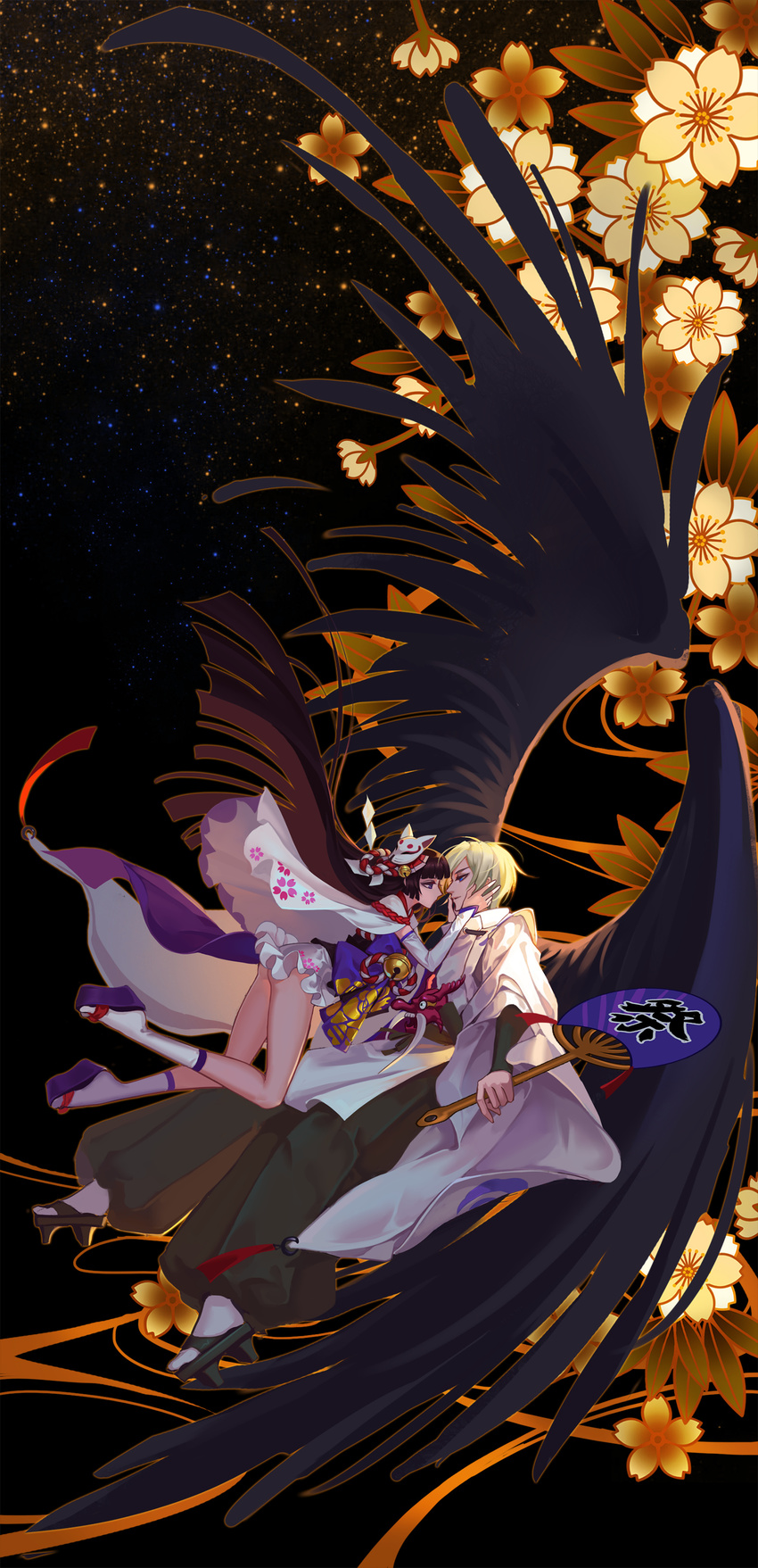 1girl absurdres ana_bi ass backlighting bangs bell black_background black_eyes black_hair black_pants black_wings blonde_hair blue_eyes blunt_bangs cape daitengu detached_sleeves eye_contact eyelashes face-to-face fan feathered_wings floating_hair floral_print flower flying fox_mask frilled_kimono frills from_side geta hair_bell hair_ornament hands_on_another's_cheeks hands_on_another's_face highres hime_cut holding holding_fan japanese_clothes jingle_bell kariginu kimono kneehighs light_particles long_hair looking_at_another mask mask_on_head mask_removed obi onmyoji pants paper_fan parted_lips platform_footwear profile red_ribbon ribbon rope sash shide short_kimono tengu tengu-geta tengu_mask uchiwa very_long_hair white_cape white_kimono white_legwear wings yellow_flower yuki_onna_(onmyoji)