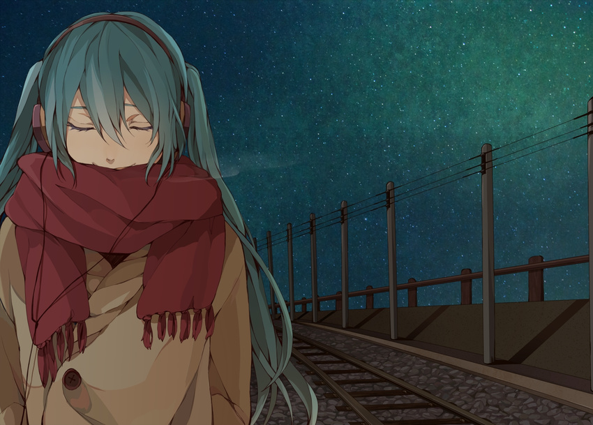 1girl alternative_costume aqua_hair astronauts breath coat eyes_closed female hatsune_miku headphones highres long_hair night pole railroad_tracks scarf sky smile solo star_(sky) string twintails utility_pole veryberry00 vocaloid wire