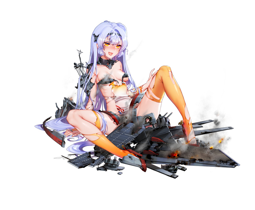 :d absurdres aircraft airplane arm_support bangs battleship_girl blue_hair blush breasts broken burnt_clothes cleavage convenient_censoring damaged eyebrows eyebrows_visible_through_hair eyelashes fang flight_deck full_body gorget hair_down hairband hand_on_thigh high_heels highres knee_up long_hair looking_at_viewer machinery nail_polish official_art open_mouth propeller quuni red_footwear shoes sidelocks sitting skindentation small_breasts smile smoke solo spread_legs striped sweat thighhighs tongue tongue_out torn_clothes torn_legwear transparent_background turret unbuckled_belt underboob uss_bunker_hill_(cv-17) very_long_hair yellow_eyes yellow_nails