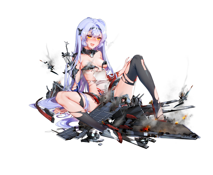 :d absurdres aircraft airplane arm_support bangs battleship_girl black_legwear blue_hair blush breasts broken burnt_clothes cleavage convenient_censoring eyebrows eyebrows_visible_through_hair eyelashes fang flight_deck full_body gorget hair_down hairband hand_on_thigh high_heels highres knee_up long_hair looking_at_viewer machinery nail_polish official_art open_mouth propeller quuni red_footwear red_nails shoes sidelocks sitting skindentation small_breasts smile solo spread_legs striped sweat thighhighs tongue tongue_out torn_clothes torn_legwear transparent_background turret unbuckled_belt underboob uss_bunker_hill_(cv-17) very_long_hair yellow_eyes