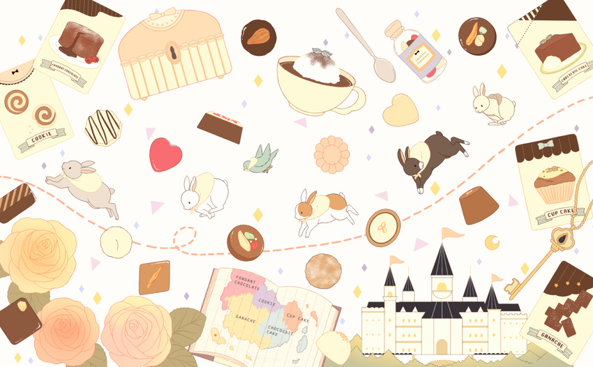 bad_pixiv_id bird book bunny cake castle chocolate chocolate_cake commentary cookie crescent_moon cup cupcake english flower food heart key looking_back map moon no_humans original r. revision spoon