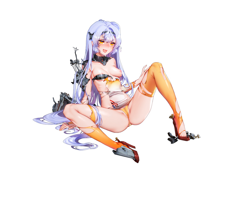 :d absurdres areola_slip areolae arm_support bangs battleship_girl blue_hair blush breasts broken burnt_clothes cleavage colored_pubic_hair eyebrows eyebrows_visible_through_hair eyelashes fang flight_deck full_body gorget hair_down hairband hand_on_thigh high_heels highres knee_up long_hair looking_at_viewer machinery nail_polish nipples official_art one_breast_out open_mouth panties propeller pubic_hair quuni red_footwear shoes sidelocks sitting small_breasts smile solo spread_legs striped sweat thighhighs tongue tongue_out torn_clothes torn_legwear transparent_background turret unbuckled_belt underboob underwear uss_bunker_hill_(cv-17) very_long_hair yellow_eyes yellow_legwear yellow_nails yellow_panties