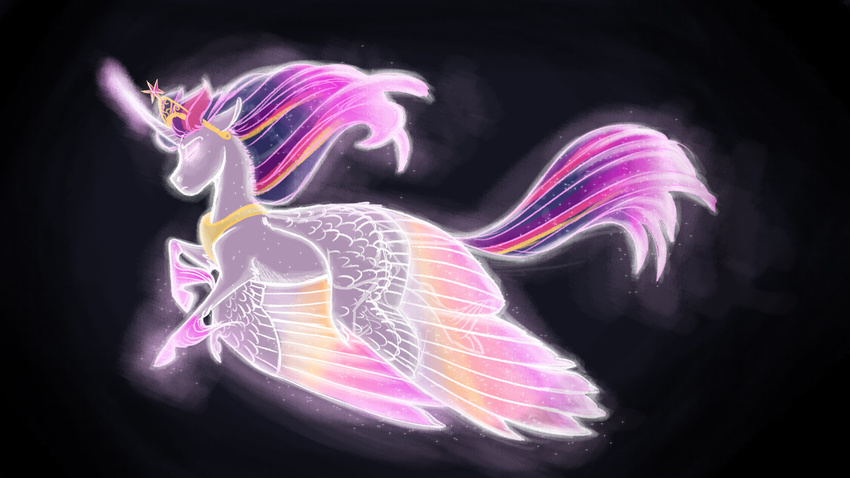 2016 black_background crown earthsong9405 equine feathered_wings feathers female feral friendship_is_magic fur glowing glowing_eyes hair horn jewelry magic mammal multicolored_hair my_little_pony necklace purple_feathers purple_fur purple_hair simple_background solo spread_wings twilight_sparkle_(mlp) winged_unicorn wings